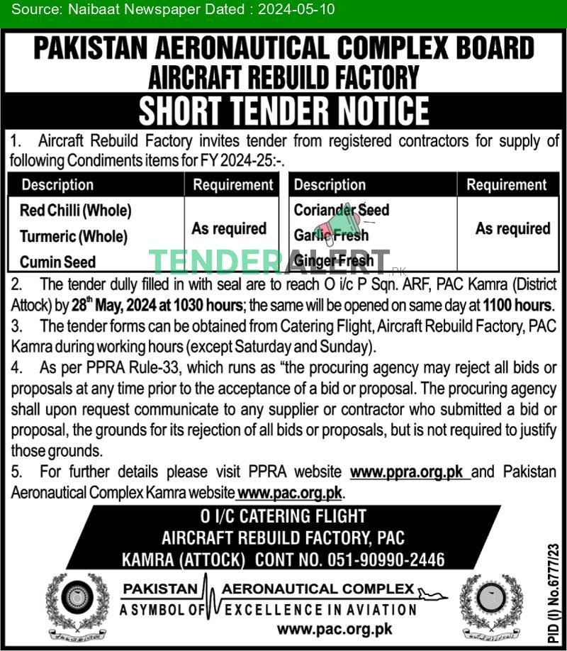 Pakistan Aeronautical Complex Board Kamra Tender Notice in Naibaat ...