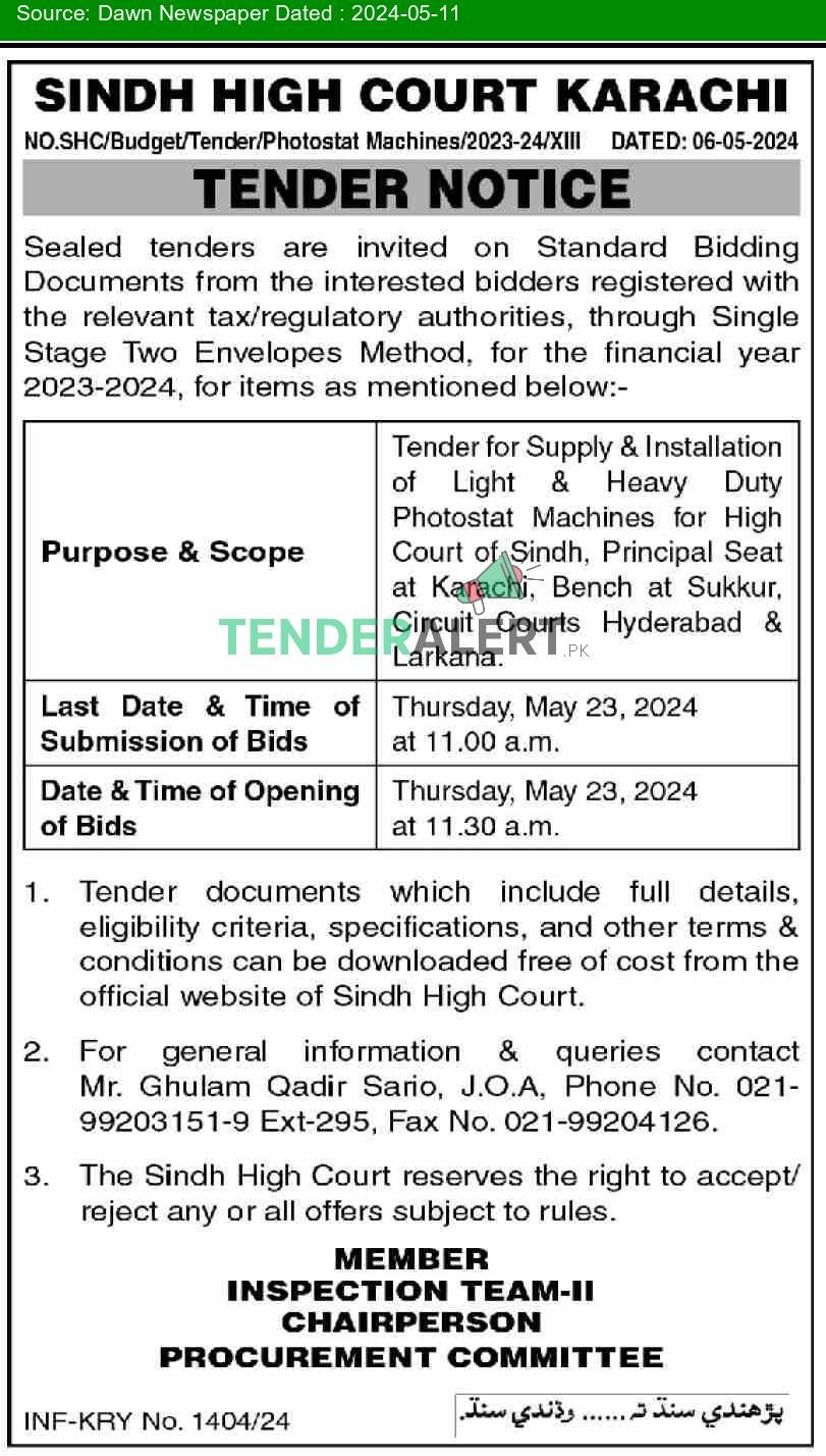 Sindh High Court Karachi Tender Notice in Dawn Newspaper of Pakistan