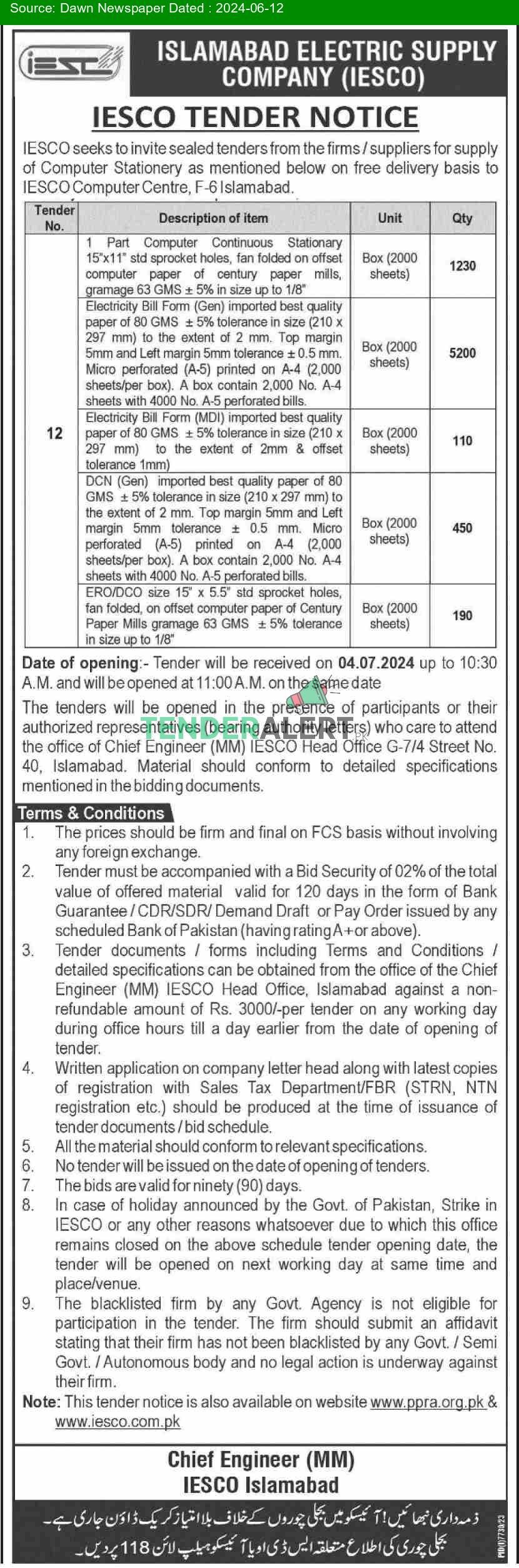 Iesco Islamabad Tender Notice in Dawn Newspaper of Pakistan