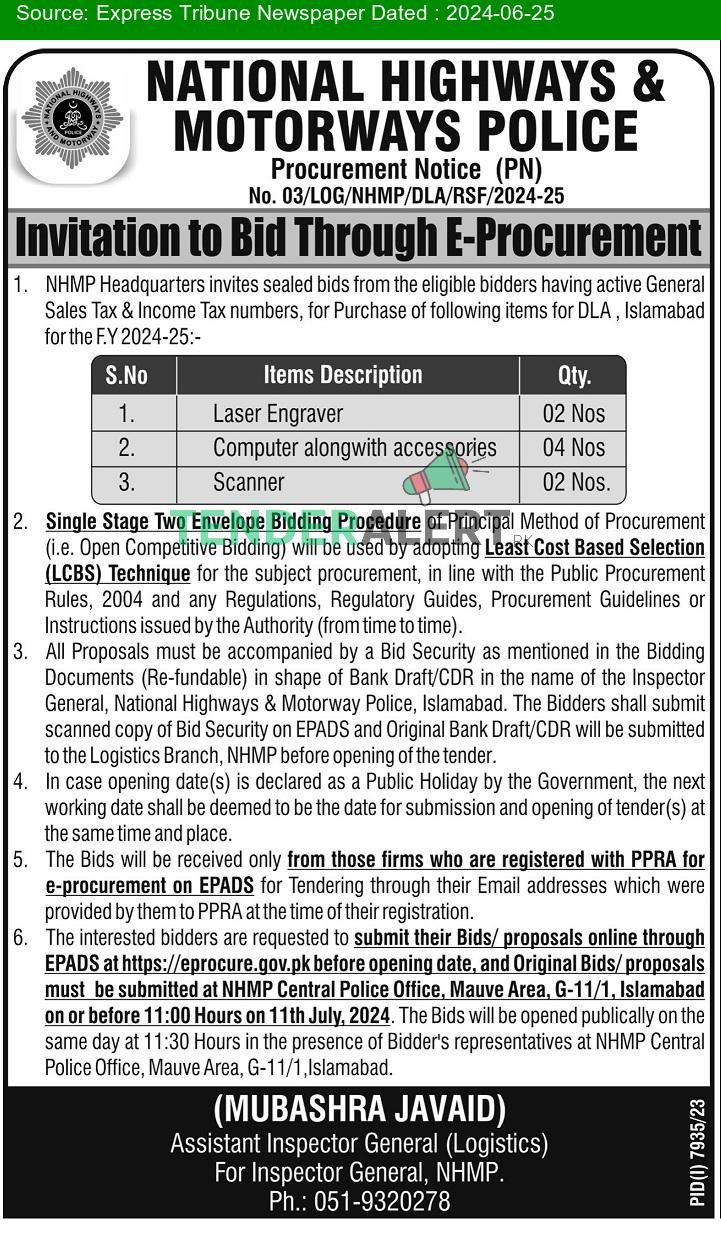 National Highways Motorway Police Islamabad Tender Notice In Express