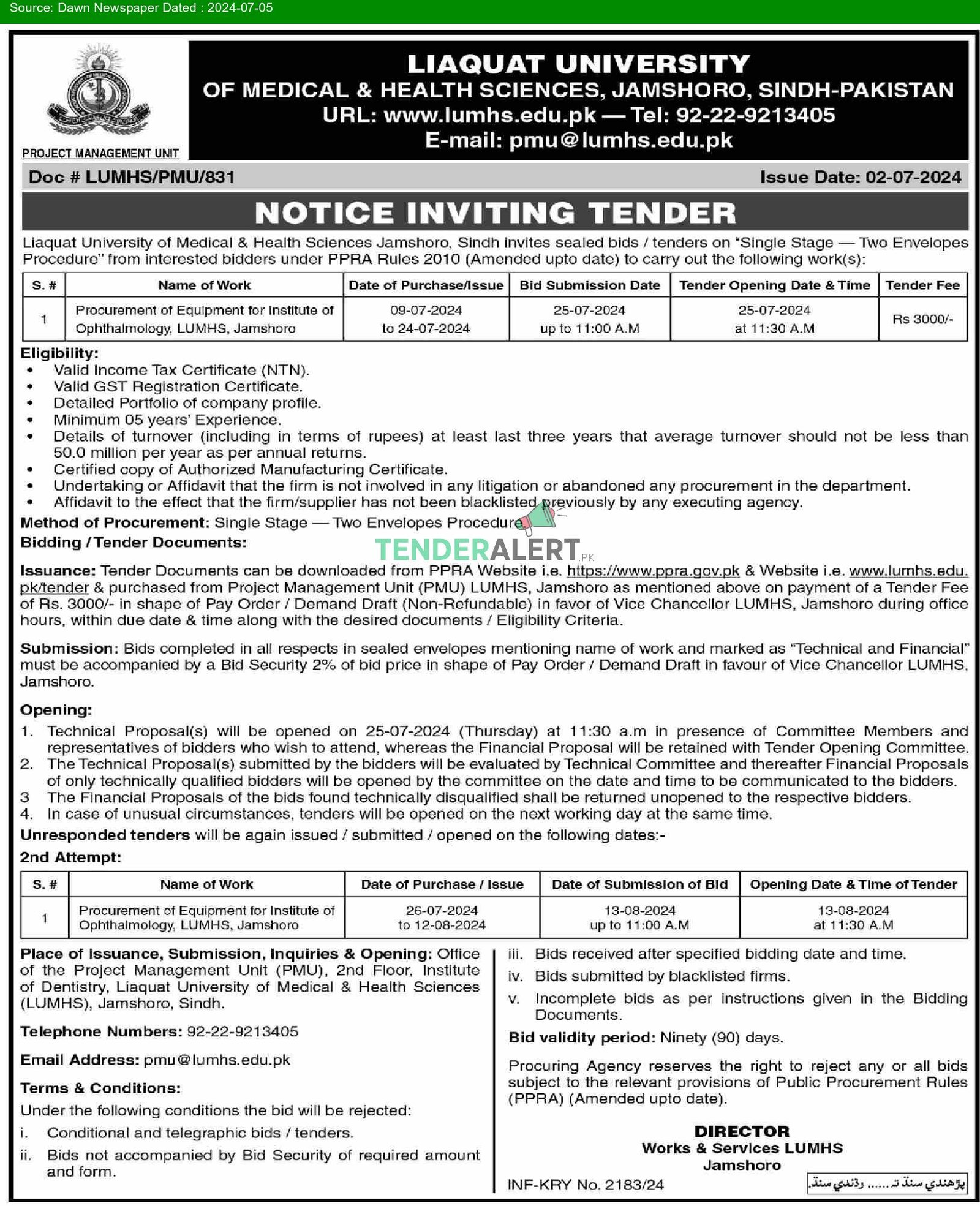 Tender for Liaquat University of Medical & Health Sciences Jamshoro