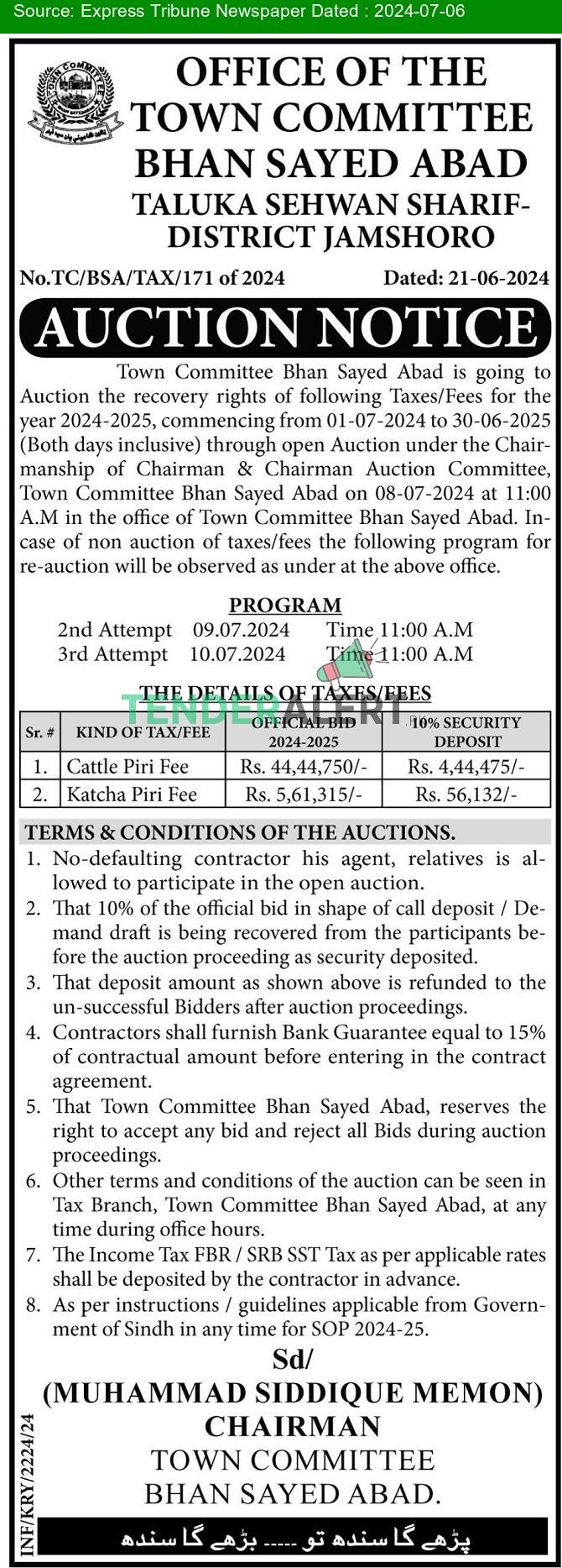 Town Committee Jamshoro Auction Notice