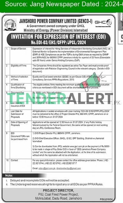 Jamshoro Power Company Limited Tender Notice