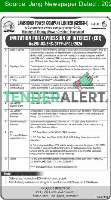 Tender for Jamshoro Power Company Limited JPCL