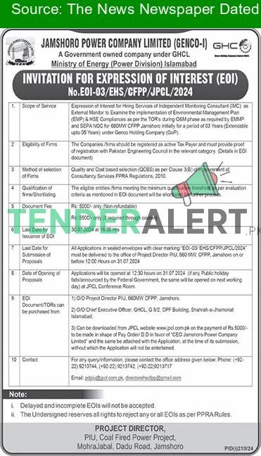 Jamshoro Power Company Ltd Tender Notice