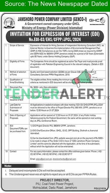 Jamshoro Power Company Limited JPCL Jamshoro Tender Notice