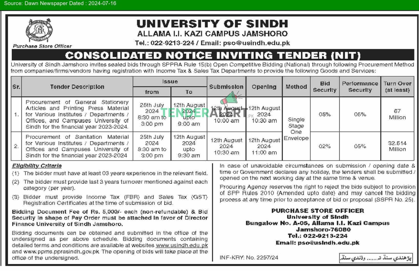 University of Sindh Jamshoro Consolidated Tender Notice