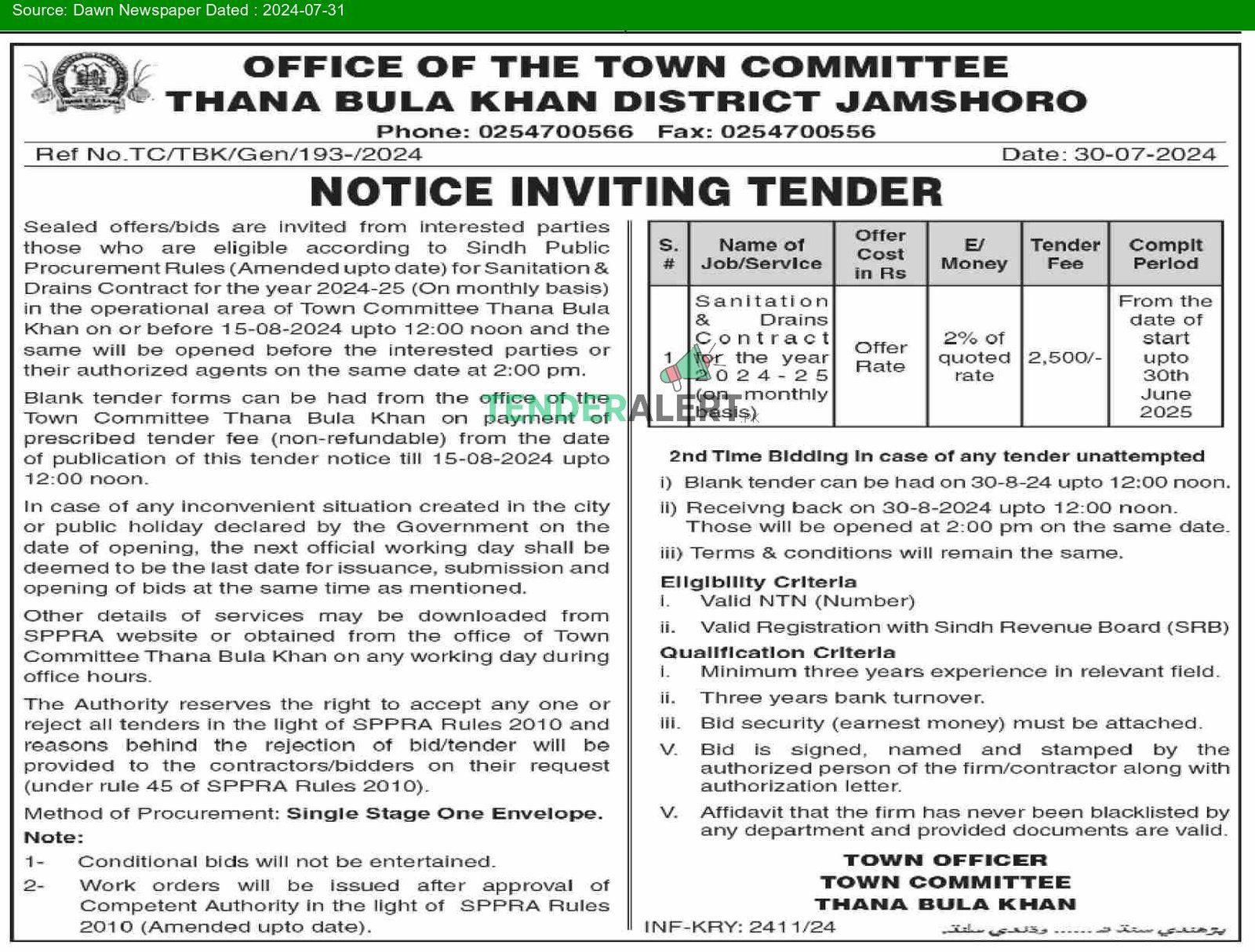 Town Committee Jamshoro Tender Notice