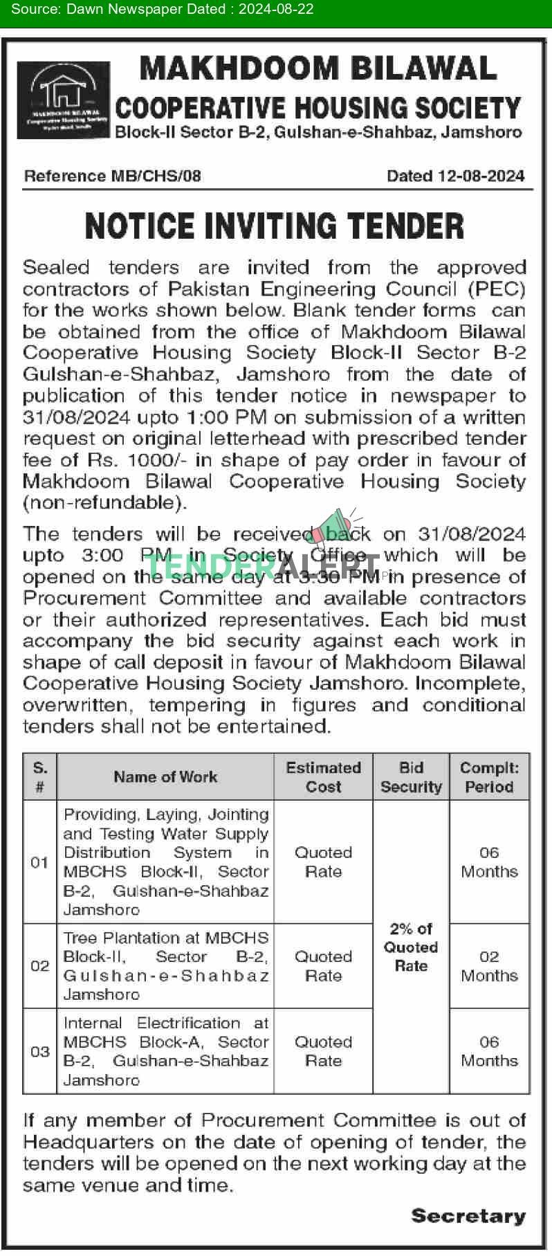 Tender for Makhdoom Bilawal Cooperative Housing Society Jamshoro