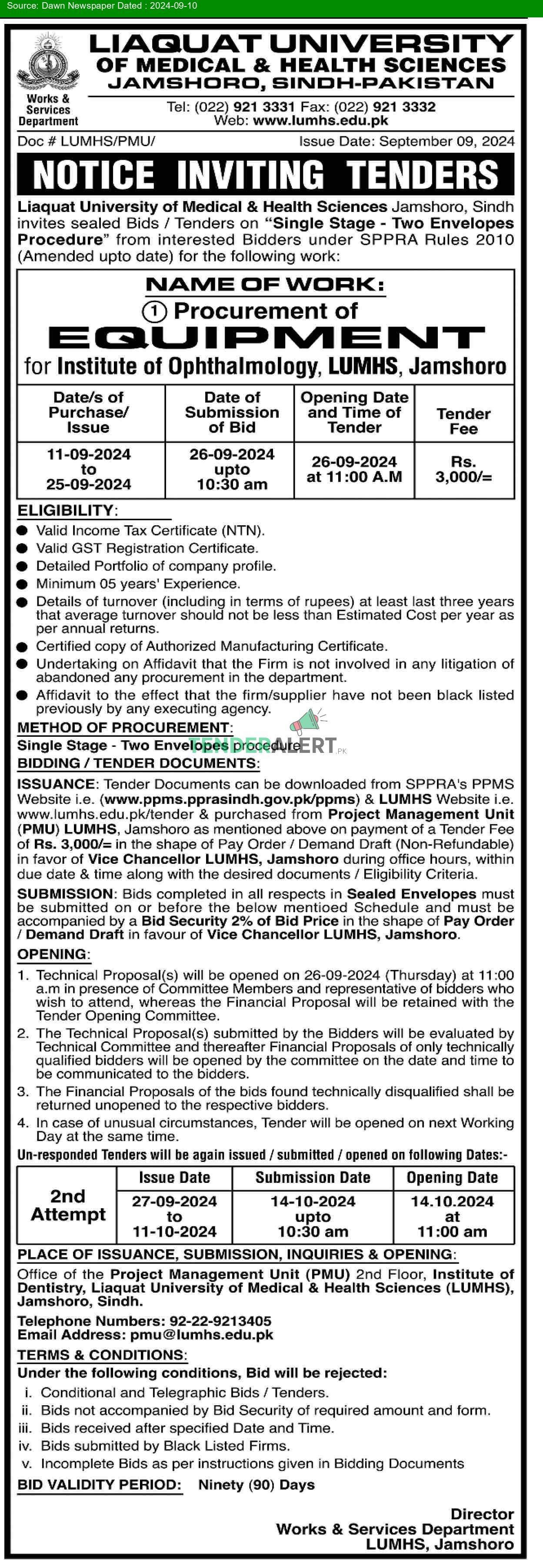 Tender for Liaquat University of Medical & Health Sciences Jamshoro