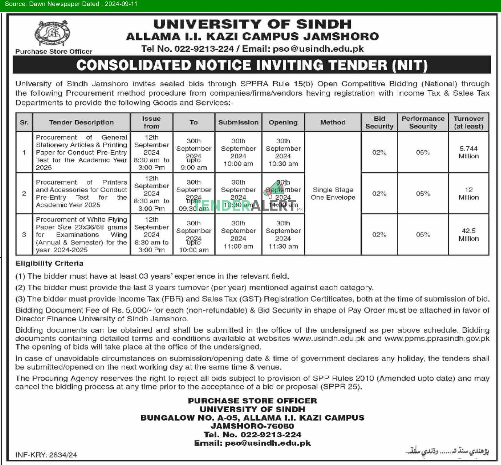 University of Sindh Jamshoro Tender Notice