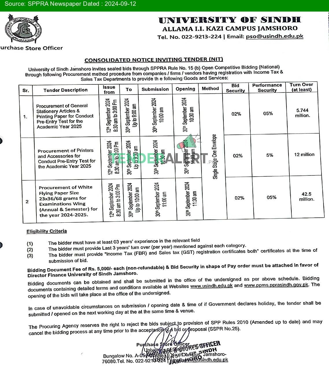 Tender for University of Sindh Jamshoro