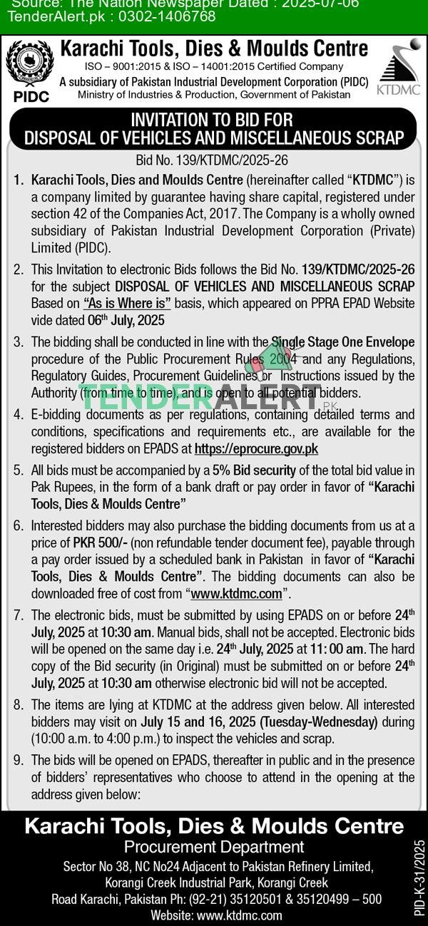 Karachi Tools Dies and Moulds Centre Tender Notice in The Nation ...