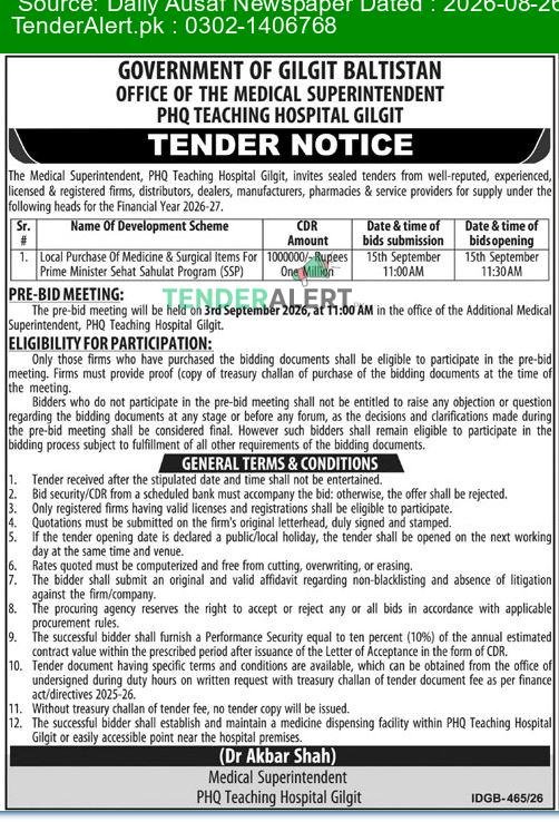 PHQ Teaching Hospital Gilgit Tender Notice in Daily Ausaf Newspaper of ...